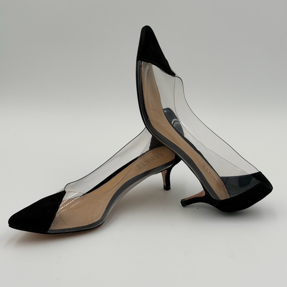 SCHUTZ Women’s Cendi Black Suede with Transparent Sides Heels Size 8 - Picture 5 of 10